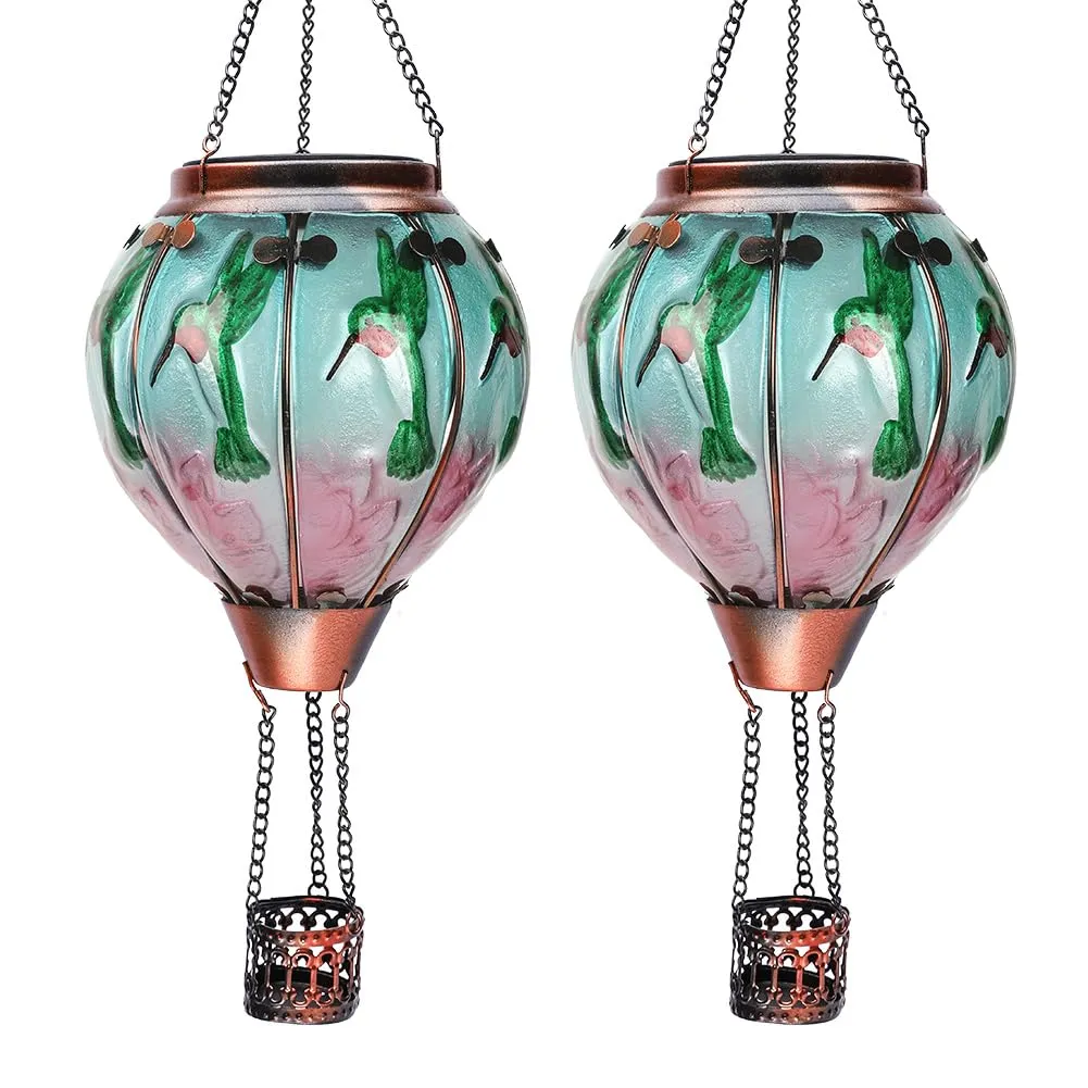 Rynx | Ouisjyer 2Pc Hot Air Balloon Solar Lantern with 2Pc Shepherd Hook, Flaming Hanging Solar Lanterns Outdoor Light Waterproof Lanterns Decorative Garden Patio Yard Party Decor (Hummingbird)