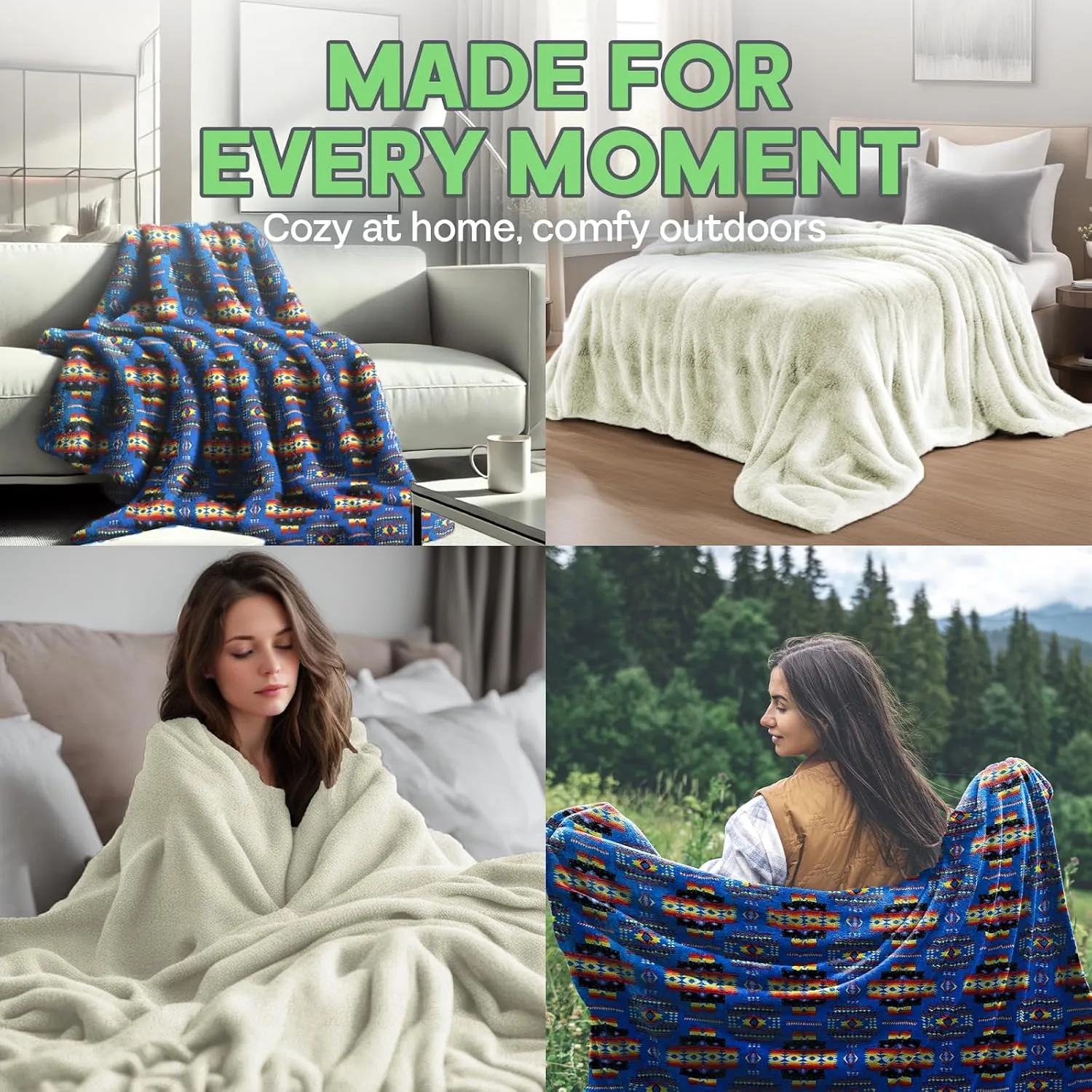 Sacred Thread Fleece Blanket 79"x95" South Western, Reversible Mexican, Vibrant Aztec Blankets and Throws for Aztec Decor for Home, Native American Boho Blanket, Sherpa Blue Queen