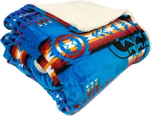 Sacred Thread Fleece Blanket 79"x95" South Western, Reversible Mexican, Vibrant Aztec Blankets and Throws for Aztec Decor for Home, Native American Boho Blanket, Sherpa Blue Queen