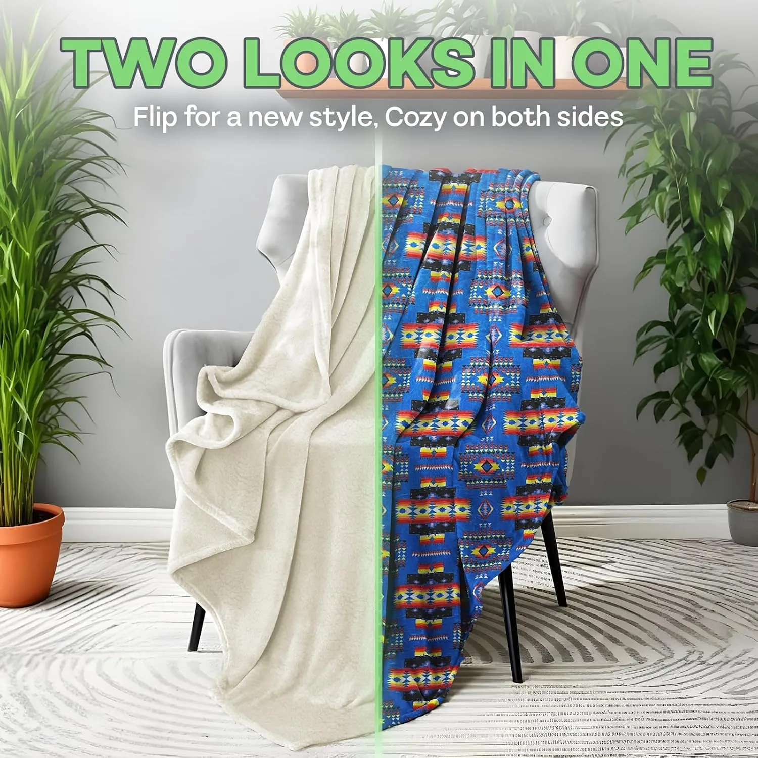 Sacred Thread Fleece Blanket 79"x95" South Western, Reversible Mexican, Vibrant Aztec Blankets and Throws for Aztec Decor for Home, Native American Boho Blanket, Sherpa Blue Queen