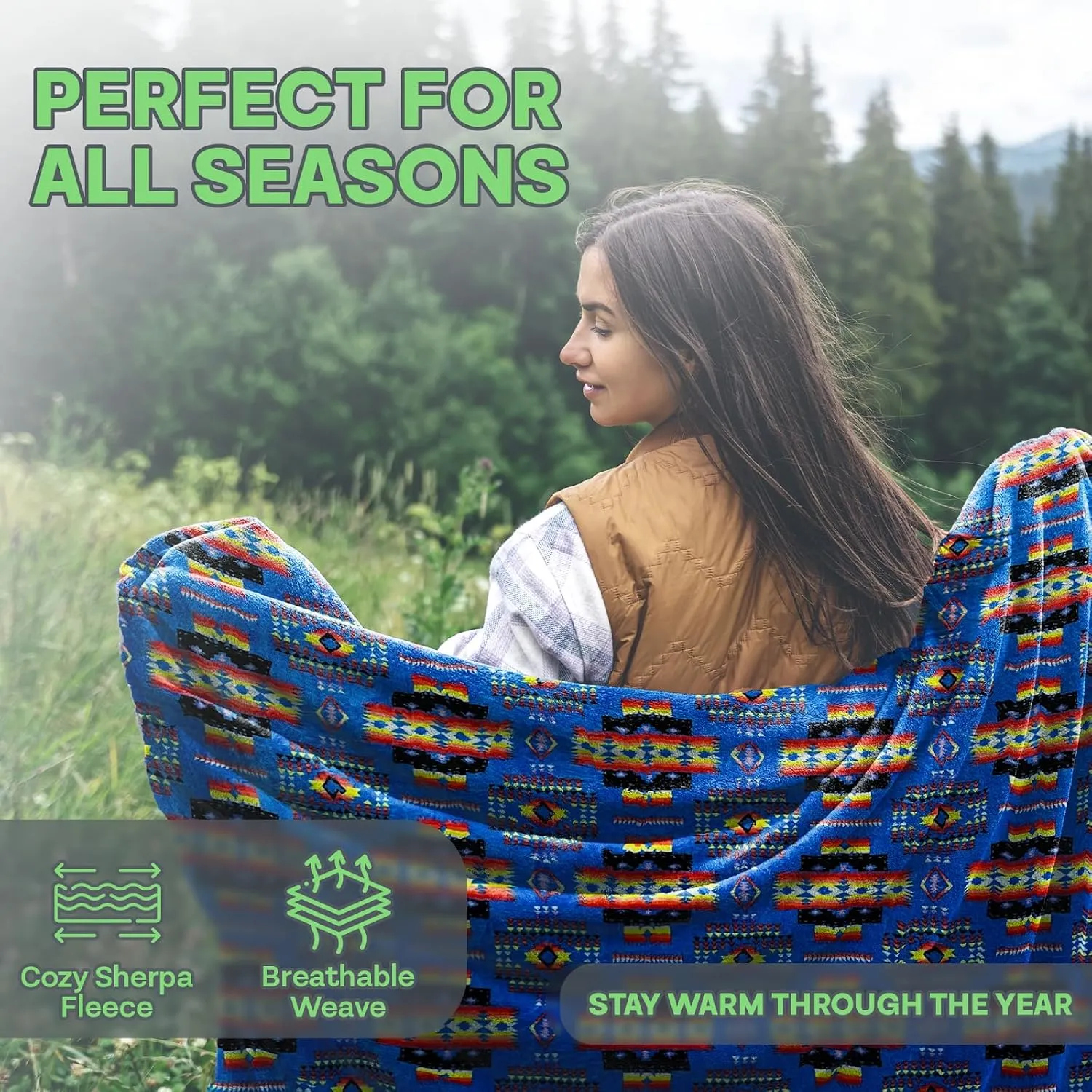 Sacred Thread Fleece Blanket 79"x95" South Western, Reversible Mexican, Vibrant Aztec Blankets and Throws for Aztec Decor for Home, Native American Boho Blanket, Sherpa Blue Queen