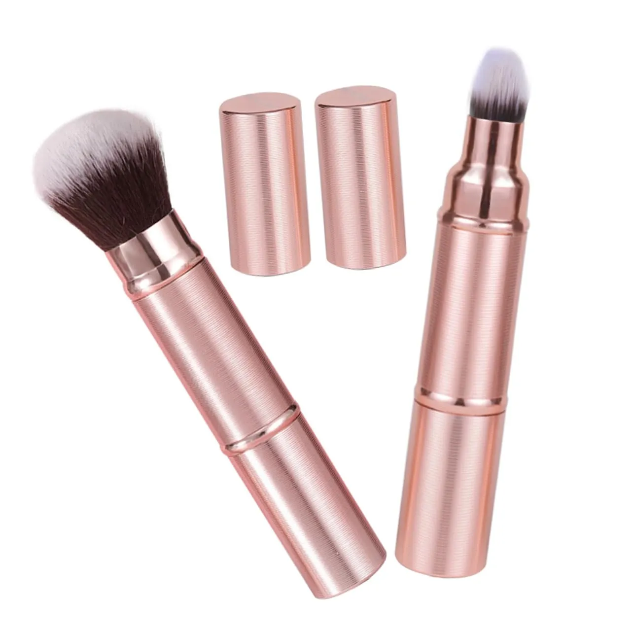 SAFIGLE 2pcs Portable Double-ended Makeup Brush with Protective Cap Soft Bristles for Even Application Retractable Blush and Foundation Tool for Travel and Daily Use