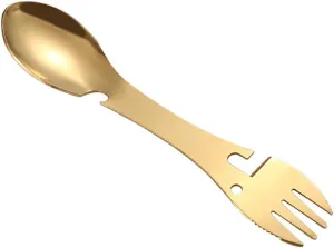 Salad Forks Outdoor Fold Tableware Fork Kit Knife Spoon Bottle Can Opener Camping Cooking Outdoor Tools(Gold)