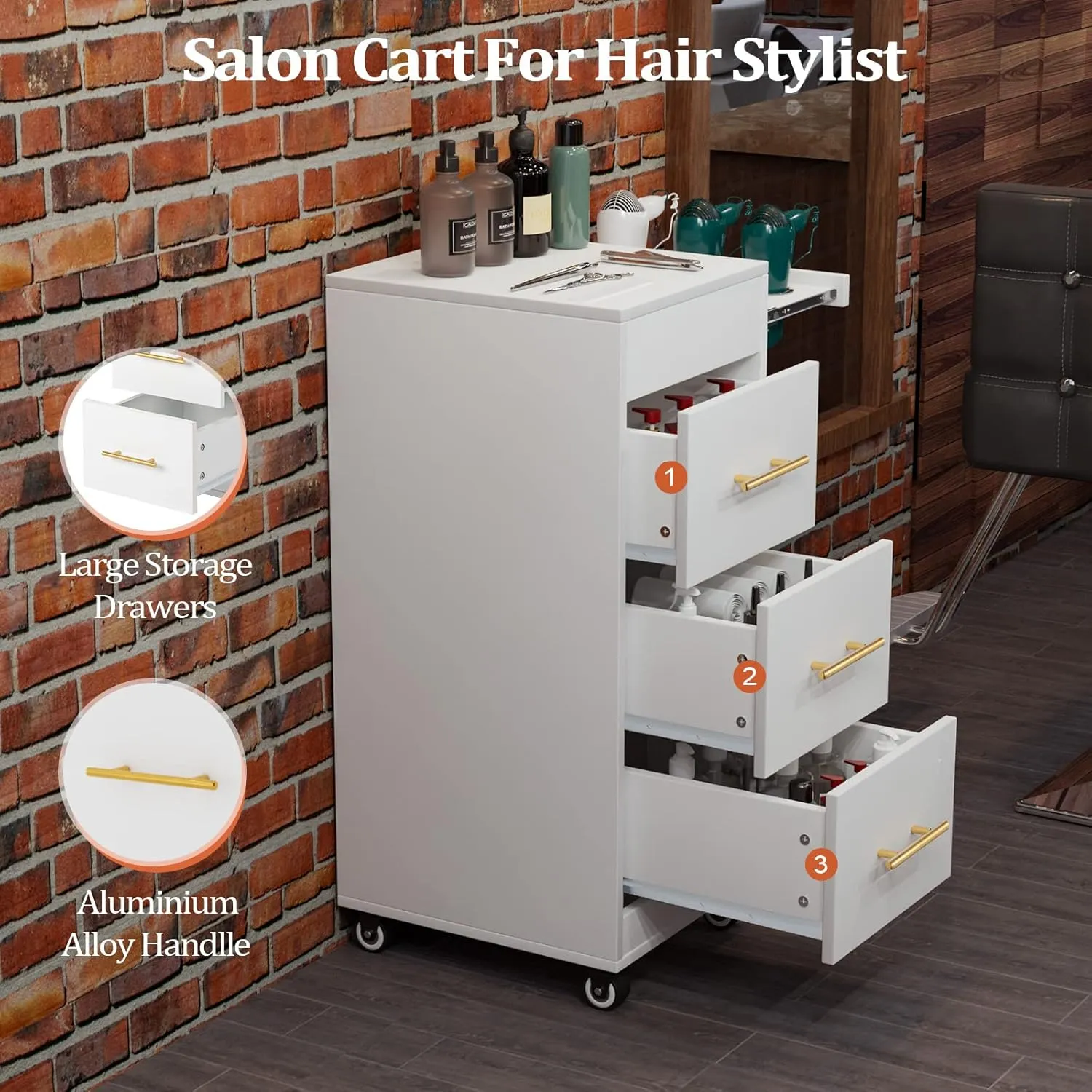 Salon Trolley Cart with Wheels, Wooden Hair Storage Cabinet, Stylist Cart Mobile Hairdressing Barber Station for Beauty Spa Barbershop, 3 Large Drawers, 3 Hot Tool Holders, White