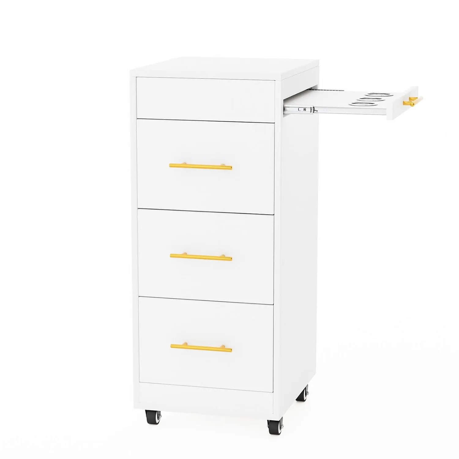 Salon Trolley Cart with Wheels, Wooden Hair Storage Cabinet, Stylist Cart Mobile Hairdressing Barber Station for Beauty Spa Barbershop, 3 Large Drawers, 3 Hot Tool Holders, White