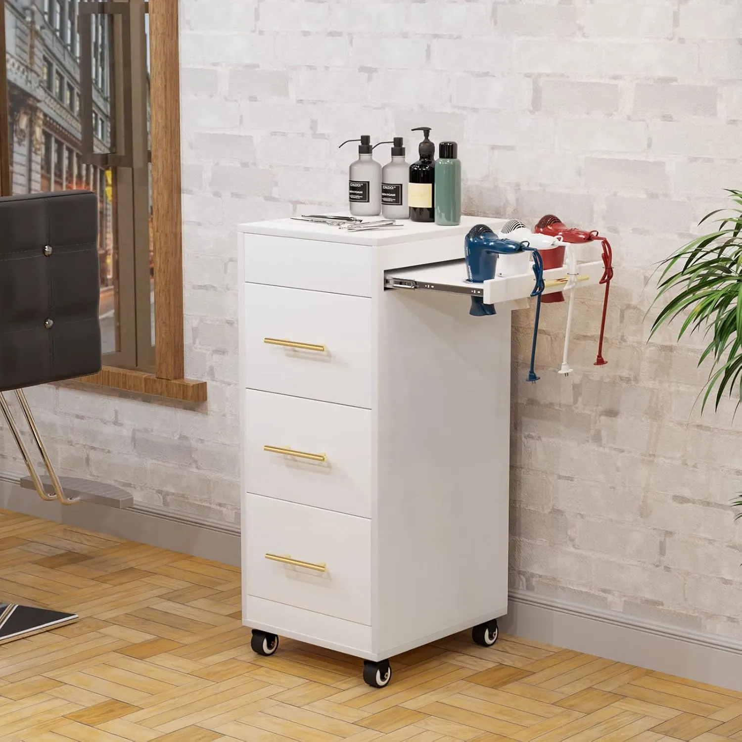 Salon Trolley Cart with Wheels, Wooden Hair Storage Cabinet, Stylist Cart Mobile Hairdressing Barber Station for Beauty Spa Barbershop, 3 Large Drawers, 3 Hot Tool Holders, White