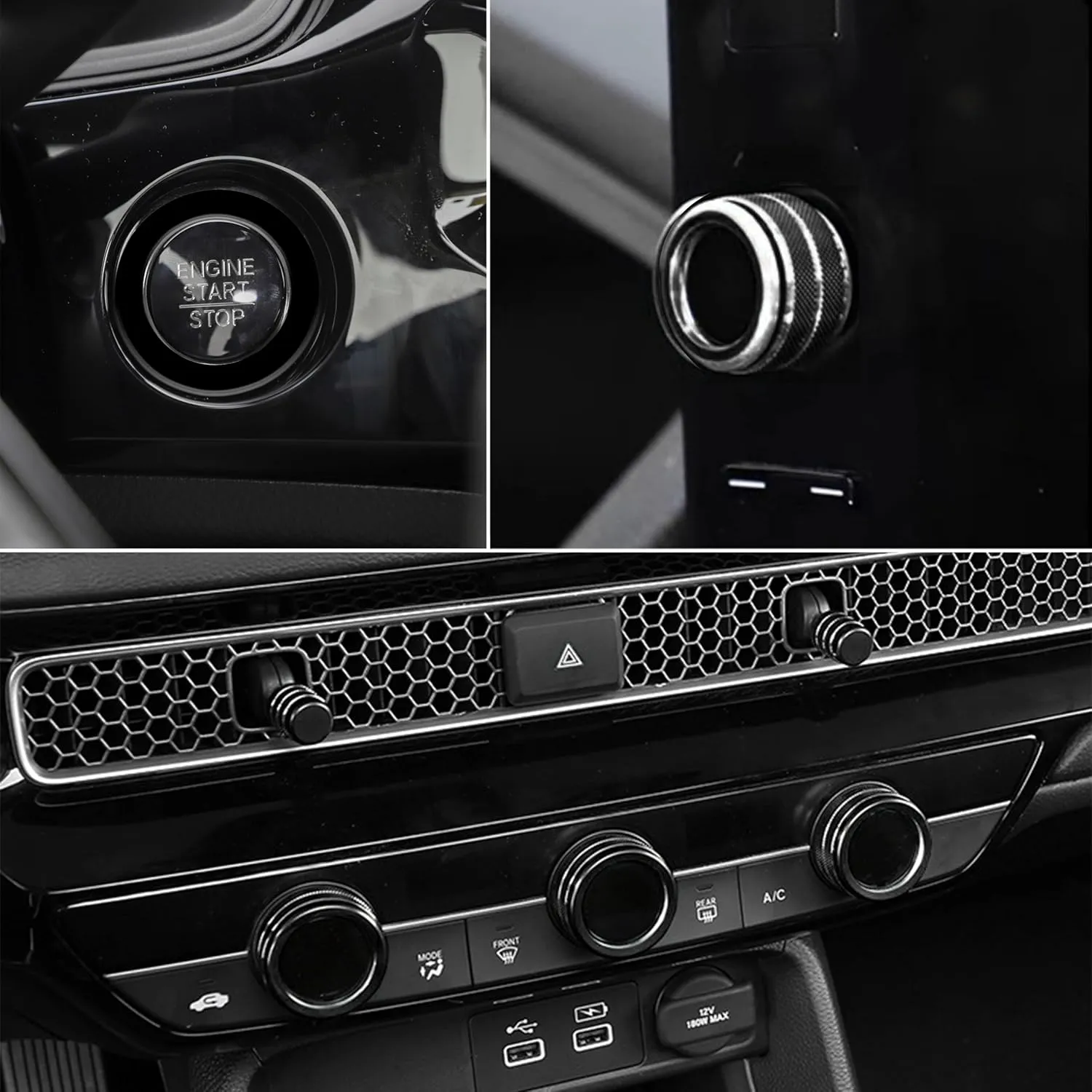 SENSHINE Air Conditioning, Vent Knob Cover for Honda Civic Accessories 2022 2023 2024 2025 for Honda CRV 2023 2024 2025 for Acura Integra 2023 2024 2025 Start/Stop Push Button Ring Trim 10Pcs (Black)