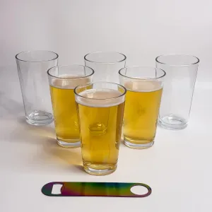 Set of 6, 16 oz Pint Glasses with Multicolor Electroplated Stainless Steel Bottle Opener - Ideal for Beer Lovers