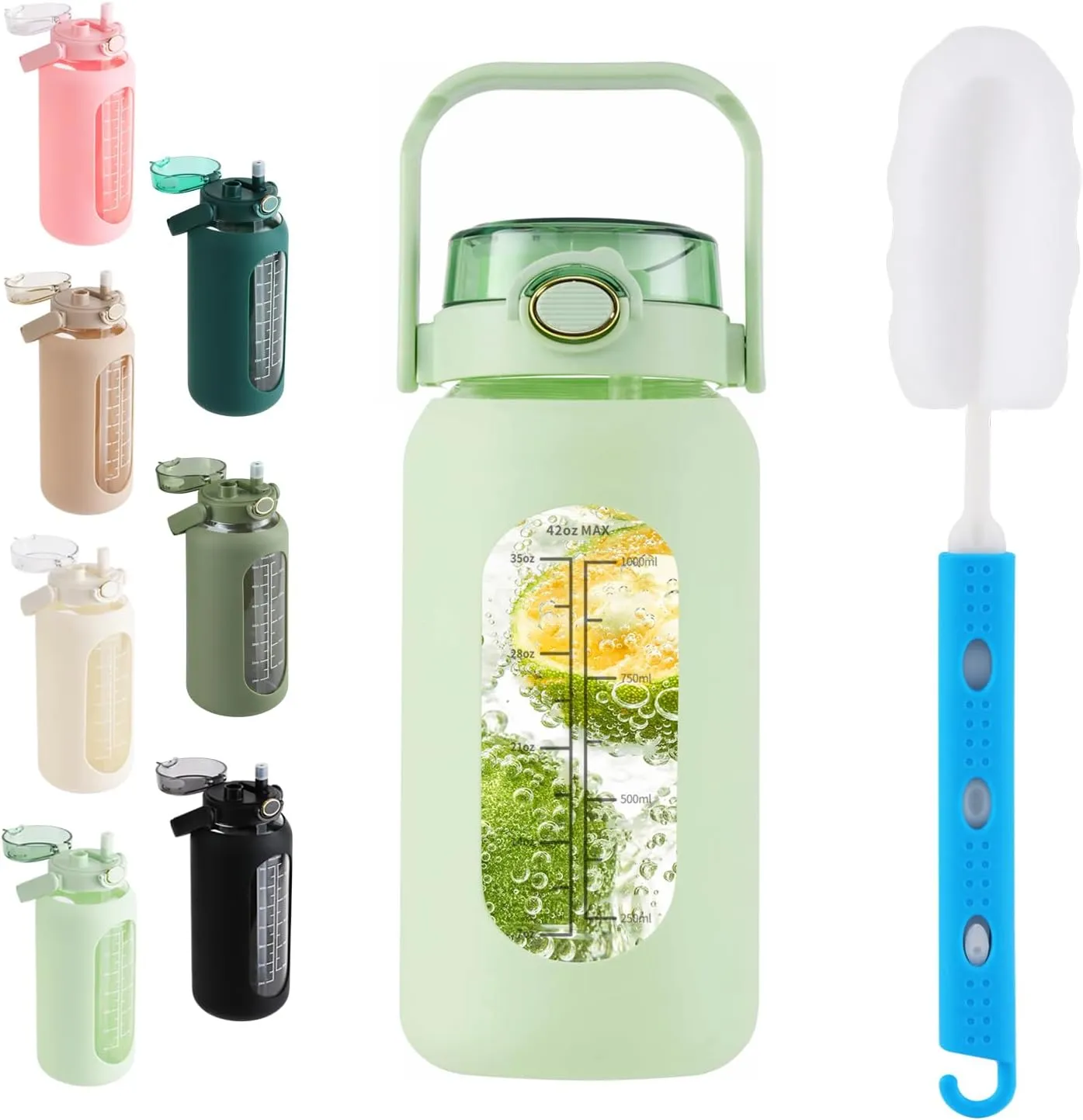 SIEROZUR 64oz Glass Water Bottle with Straw and Handle Lid Half Gallon Motivational Glass Bottle with Silicone Sleeve and Time Marker Large Reusable Sports Water Jug for Gym Home Workout
