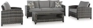 Signature Design by Ashley Oasis Court Casual Weather Resistant Cushioned Outdoor Sofa/Chairs/Table Set with 2 Throw Pillows, Set of 4, Gray