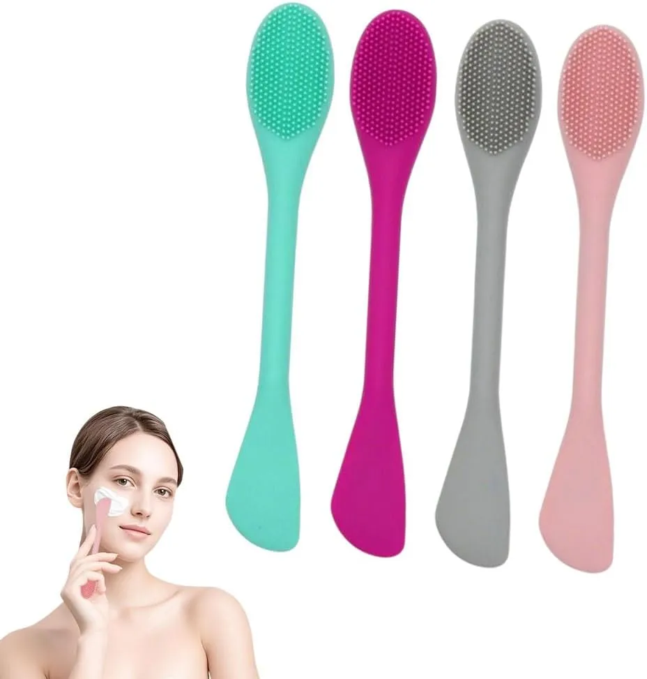 Silicone Face Mask Brush, Double-Head Facial Cleansing Brushes Face Mask Applicators Tool, Face Scrubber for Exfoliating Removing Blackheads, Mask Stick Cleaning Spatula for Lotion Mud Masks (4 PCS-B)