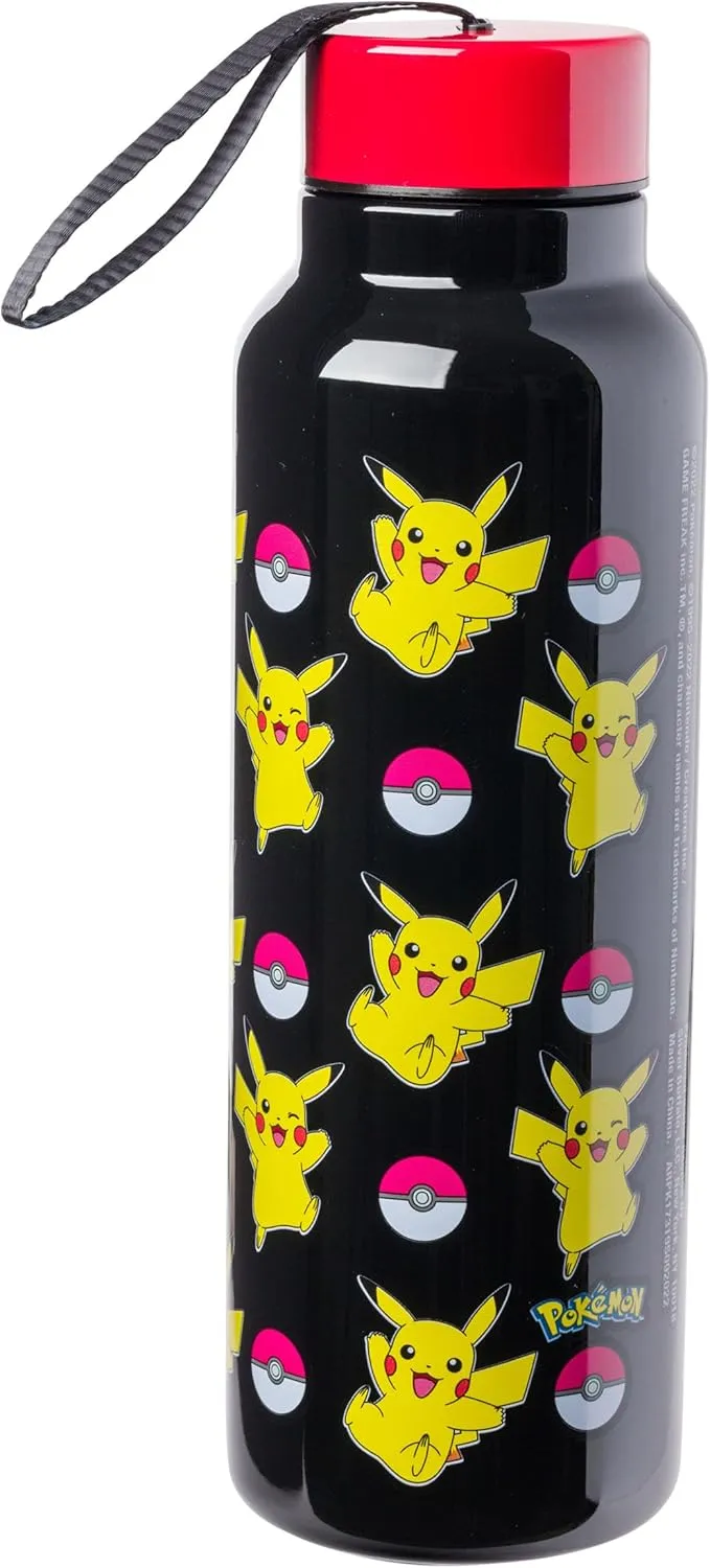 Silver Buffalo Pokemon Pikachu Jump Pattern Stainless Steel Water Bottle with Strap 27 Ounces