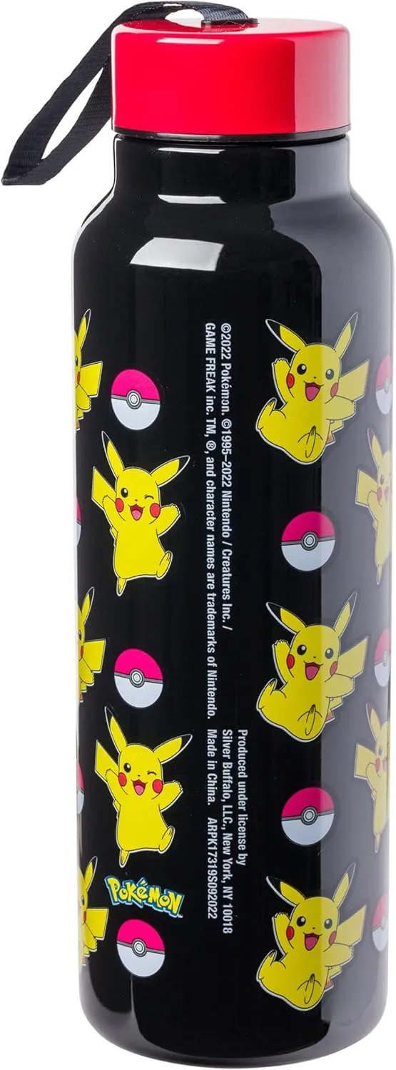 Silver Buffalo Pokemon Pikachu Jump Pattern Stainless Steel Water Bottle with Strap 27 Ounces