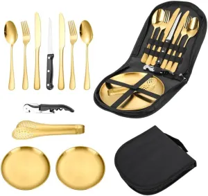 Silverware Flatware Set, 11-piece Stainless Steel Tableware Set For Outdoor Travel Camping Picnic Barbecue Plate Clip Knife Fork Spoon Bread Clip Set Portable Storage Bag(Gold)