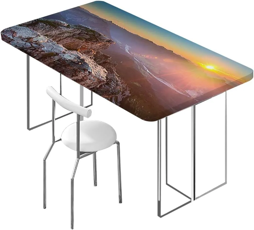 Slate Blue Orange Fitted Tablecloth for Rectangle Table Mountain Range with Creek Art Rectangle Table Cover for Outdoor Picnic Camping Parties Aerial View Fits up 5 Foot Tables