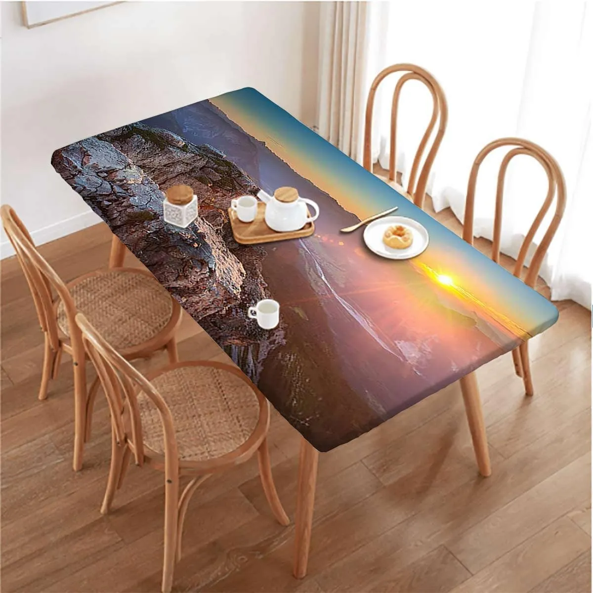 Slate Blue Orange Fitted Tablecloth for Rectangle Table Mountain Range with Creek Art Rectangle Table Cover for Outdoor Picnic Camping Parties Aerial View Fits up 5 Foot Tables