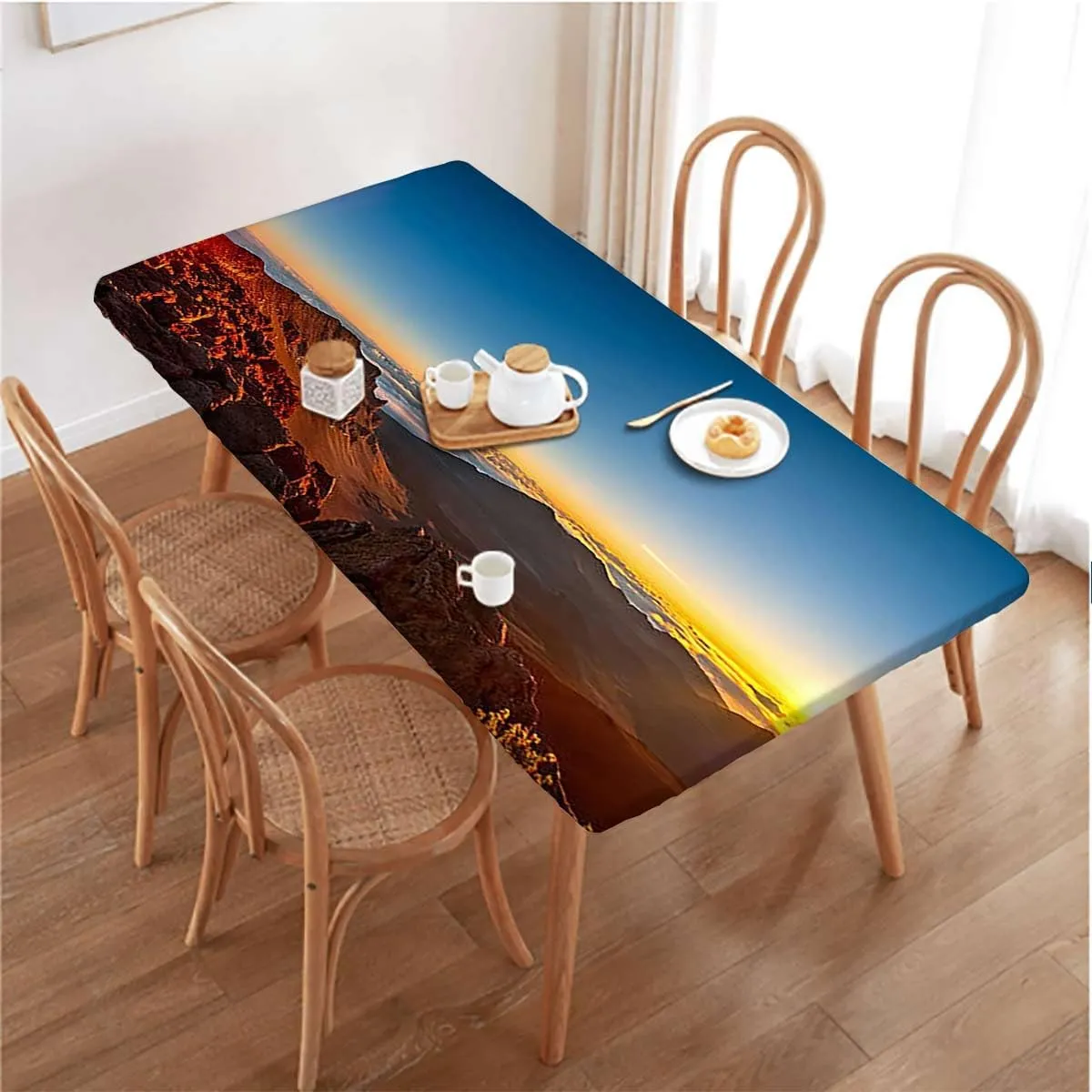 Slate Blue Orange Rectangle Table Cloth Cover, Mountain Range with Creek Art Rectangular Fitted Picnic Folding Table Cover Outdoor tablecloths Aerial View Fits up 5 Foot Tables