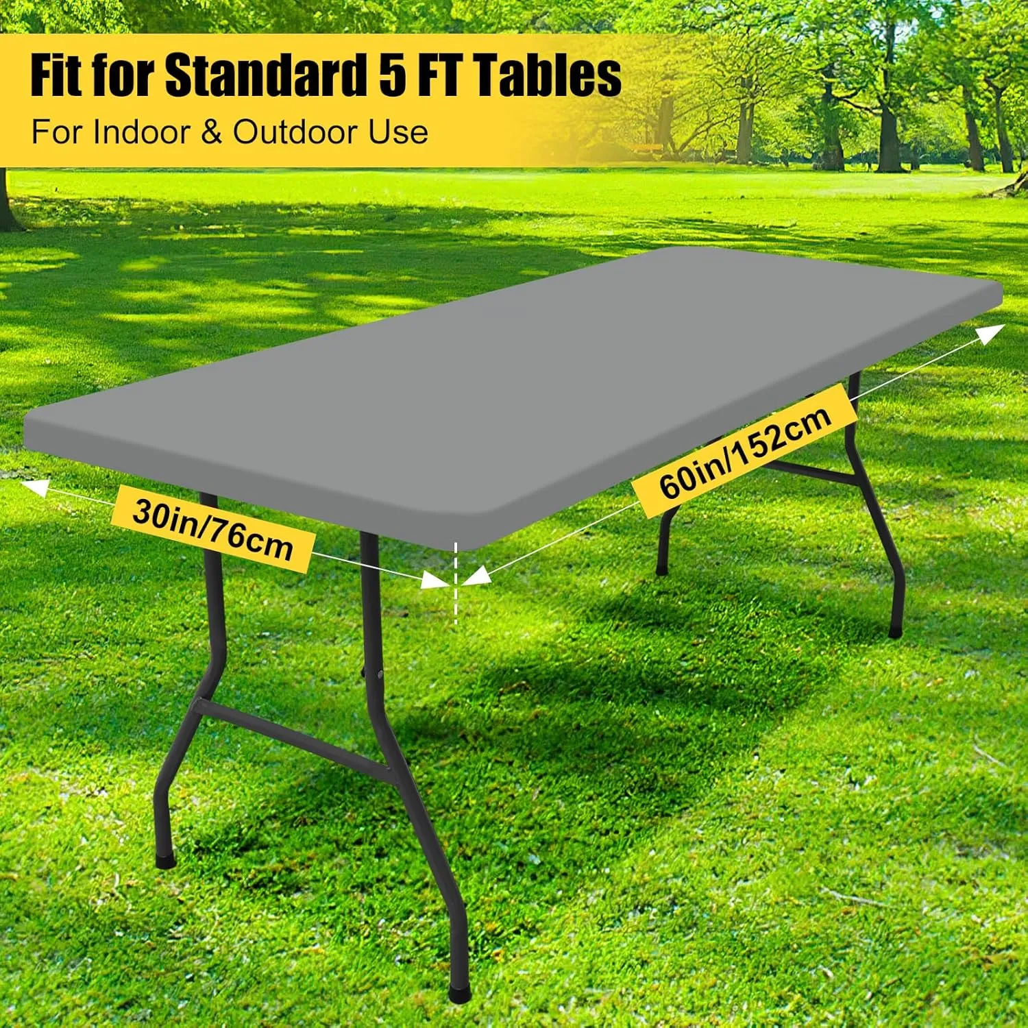 Smiry Rectangle Picnic Table Cloth 2 Pack, Waterproof Elastic Fitted Tablecloths for 5 Foot Tables, Washable Polyester Table Cover for Camping, Indoor and Outdoor (Grey, 30"x60")