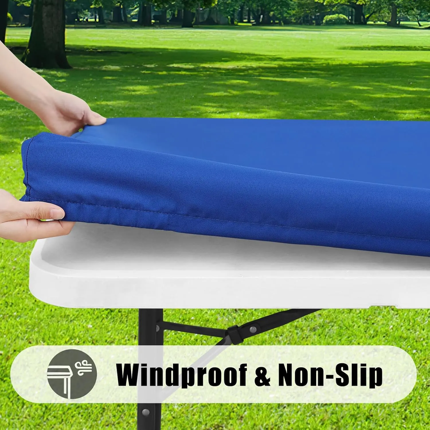 Smiry Rectangle Picnic Table Cloth 2 Pack, Waterproof Elastic Fitted Tablecloths for 8 Foot Tables, Washable Polyester Table Cover for Camping, Indoor and Outdoor (Blue, 30"x96")