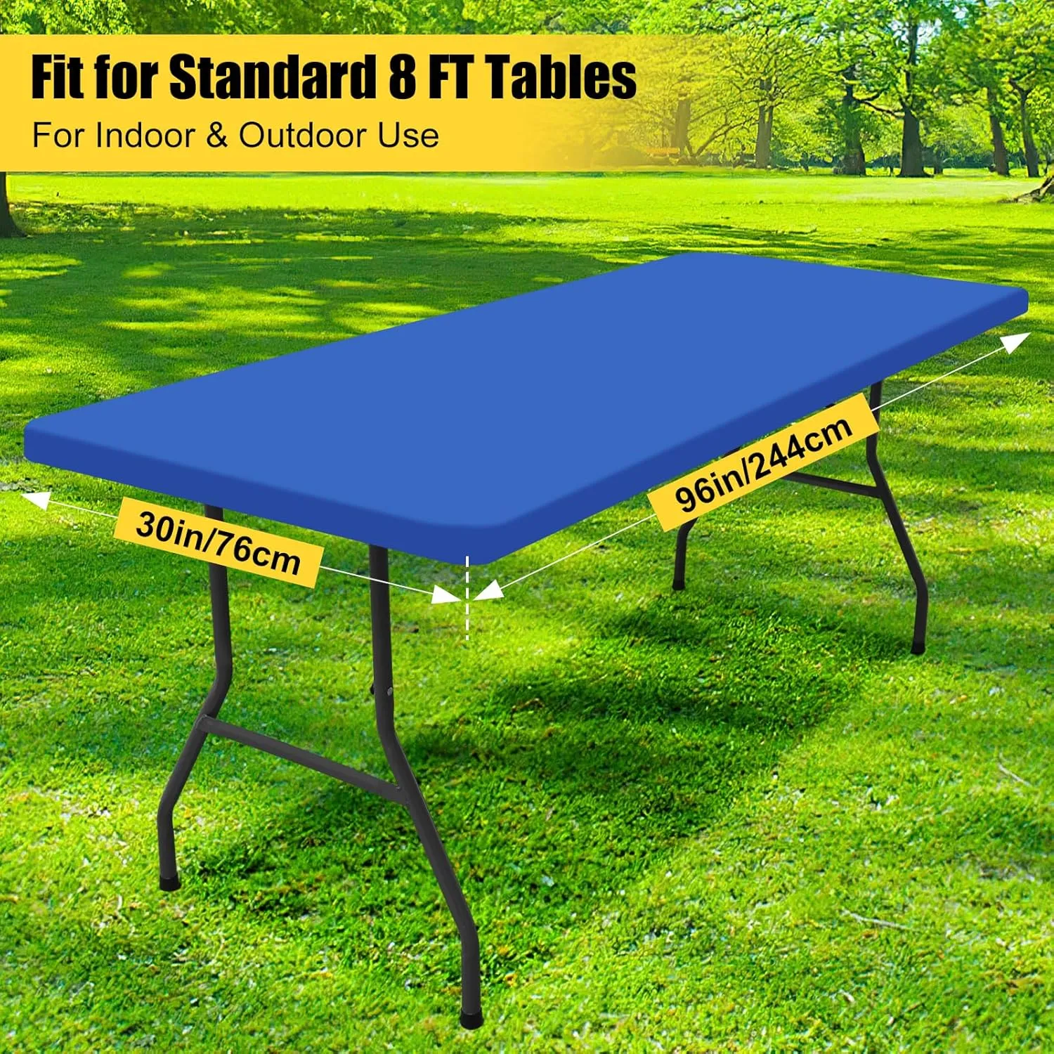 Smiry Rectangle Picnic Table Cloth 2 Pack, Waterproof Elastic Fitted Tablecloths for 8 Foot Tables, Washable Polyester Table Cover for Camping, Indoor and Outdoor (Blue, 30"x96")