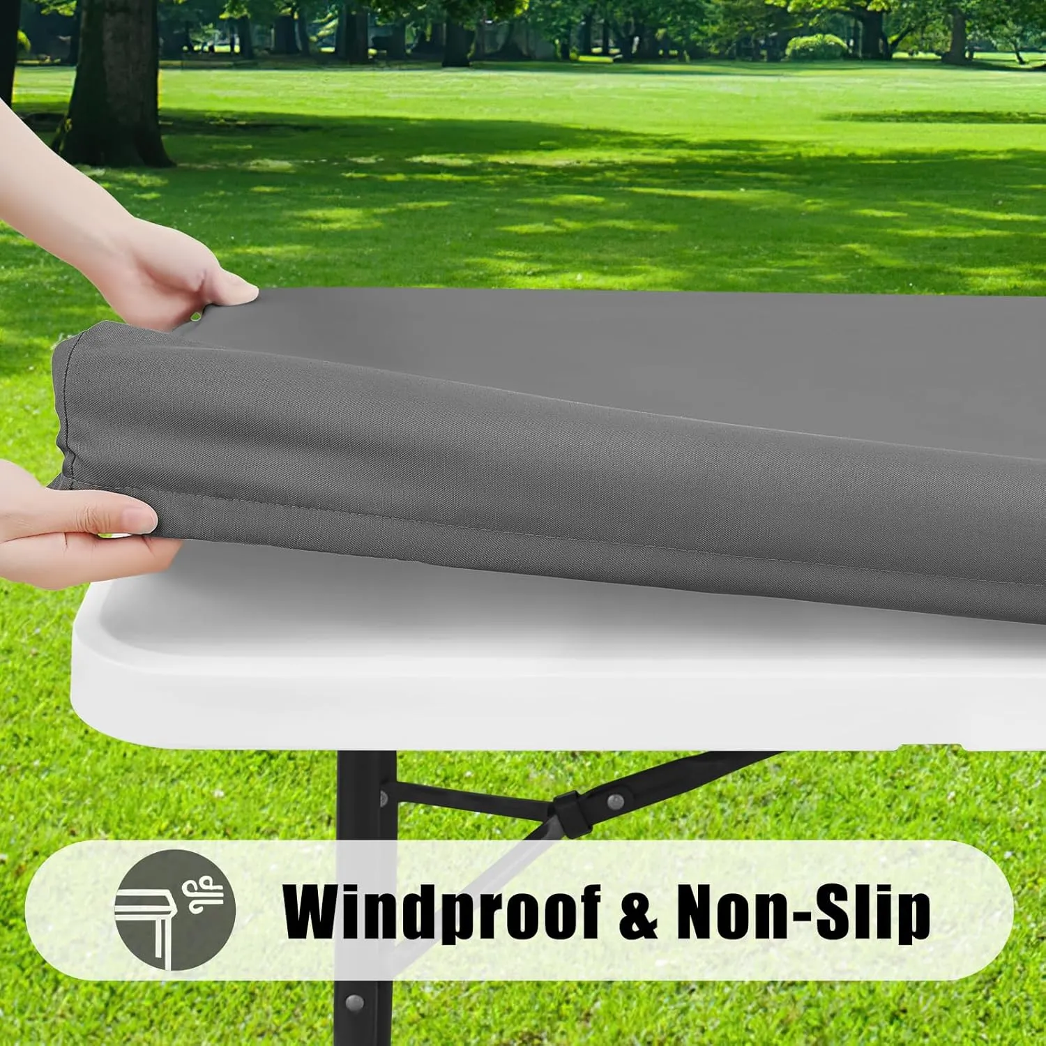 Smiry Rectangle Picnic Table Cloth 2 Pack, Waterproof Elastic Fitted Tablecloths for 8 Foot Tables, Washable Polyester Table Cover for Camping, Indoor and Outdoor (Grey, 30"x96")