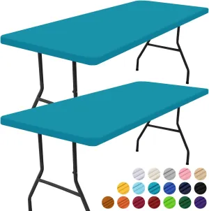 Smiry Rectangle Picnic Table Cloth 2 Pack, Waterproof Elastic Fitted Tablecloths for 8 Foot Tables, Washable Polyester Table Cover for Camping, Indoor and Outdoor (Teal, 30"x96")