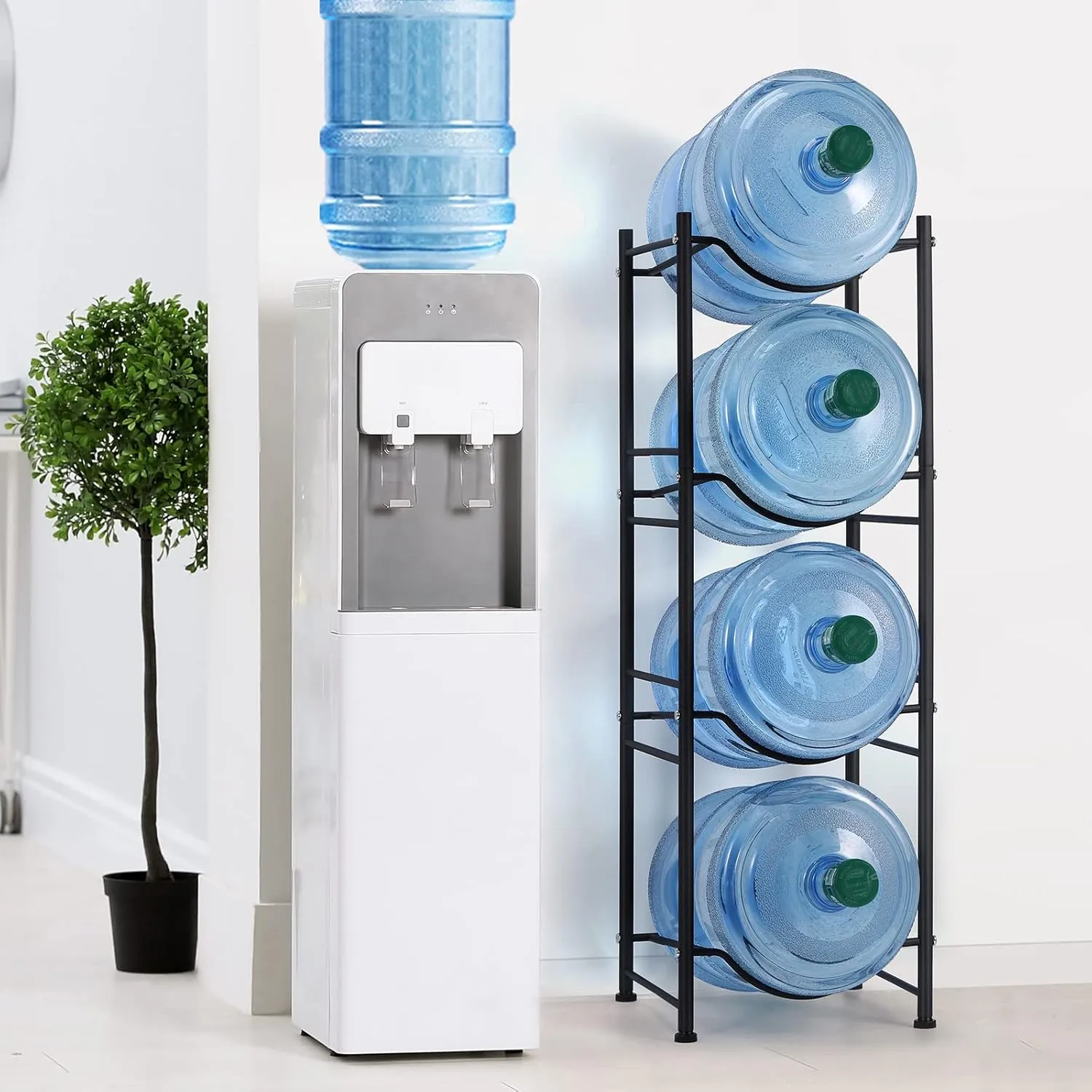 smusei 5 Gallon Water Bottle Jug Holder 4 Tier Heavy Duty Cooler Jug Storage Rack Detachable Bottle Organizer Shelf for Home, Kitchen, Office, Breakroom Space Save, Black