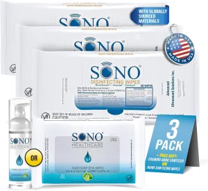 SONO Disinfecting Wipes - 60 Count (Pack of 3)   Sanitizer, Travel Size, Alcohol-Free, No Bleach, Medical-Grade, Multi-Surface Cleaning for School, Office, and On-The-Go
