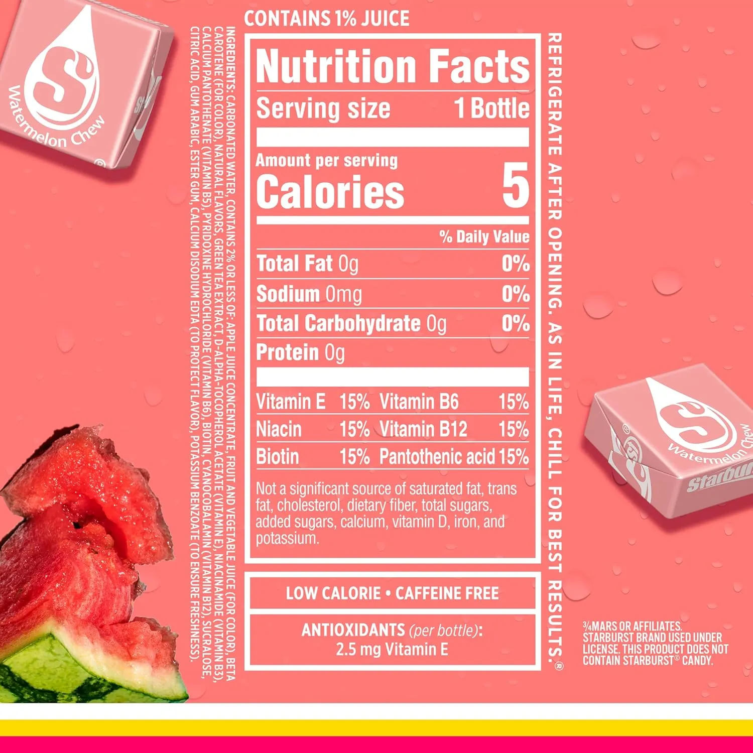 Sparkling Ice STARBURST Watermelon, Zero Sugar Flavored Sparkling Water, with Vitamins and Antioxidants, Low Calorie Beverage, 17 fl oz Bottles (Pack of 12)