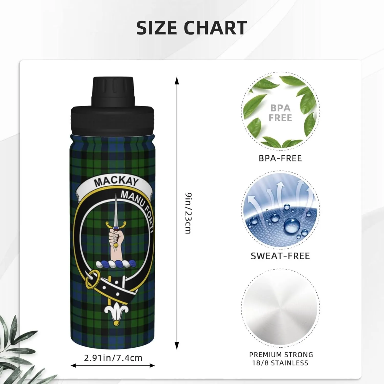 Sports Water Bottle Vacuum Insulated, Mackay Modern Tartan Clan Badge Stainless Steel Double wall for Gym Travel 18 Oz