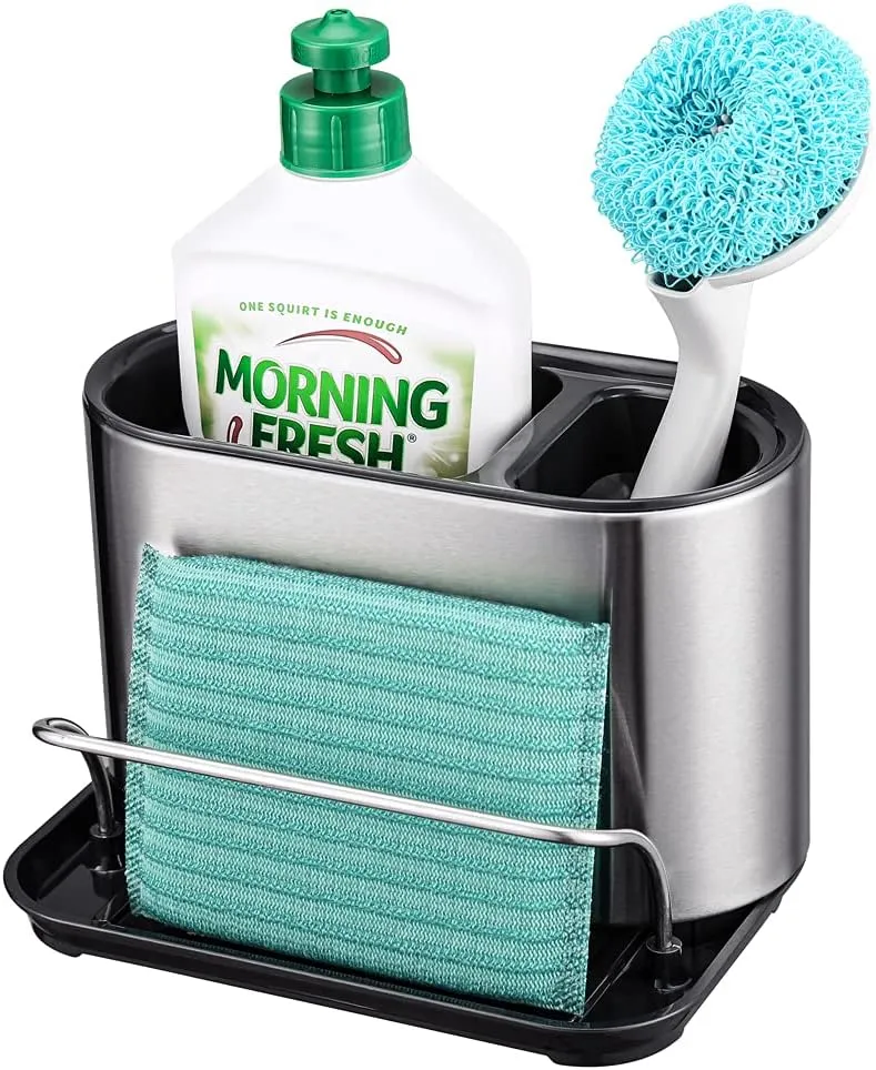 Stainless Steel Sink Caddy, Trendy Kitchen Sink Organizer for Countertop, Sponge Holder & Dish Brush Holder with Drain Tray