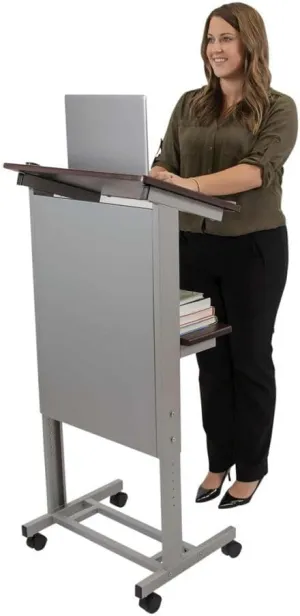 Stand Up Desk Store Mobile Adjustable Height Rolling Lectern Podium with Heavy Duty Steel Frame (Silver Frame/Dark Walnut Shelves, 25.5" Wide)