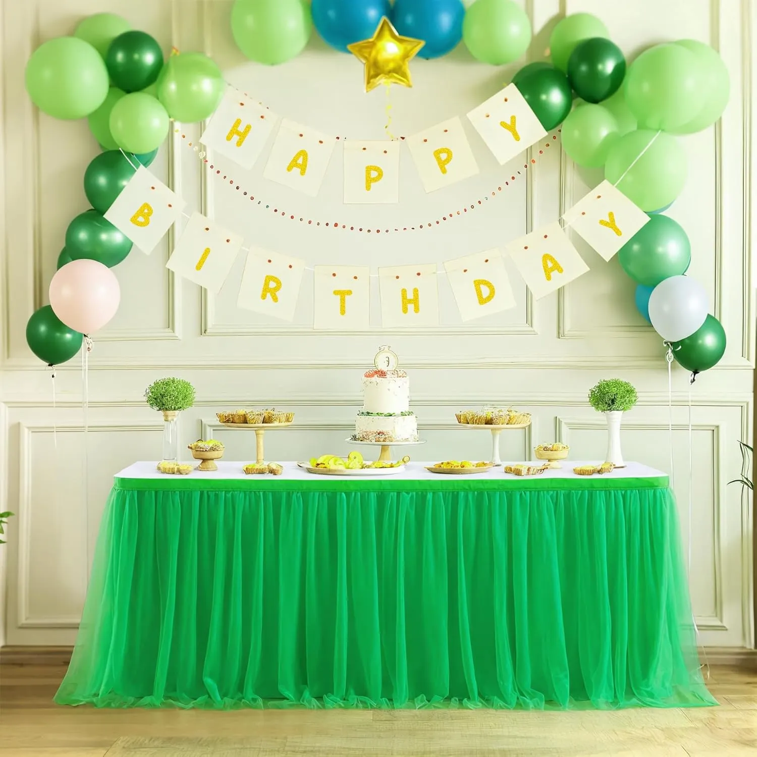 Suppromo Green Tulle Table Skirt for Birthday, Baby Shower, Wedding - 6ft Green Ruffle Tutu Tablecloth for Luau, Safari Theme Party Decorations
