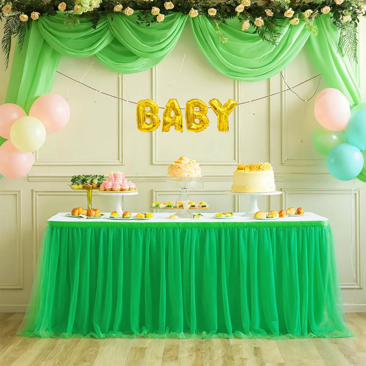 Suppromo Green Tulle Table Skirt for Birthday, Baby Shower, Wedding - 6ft Green Ruffle Tutu Tablecloth for Luau, Safari Theme Party Decorations