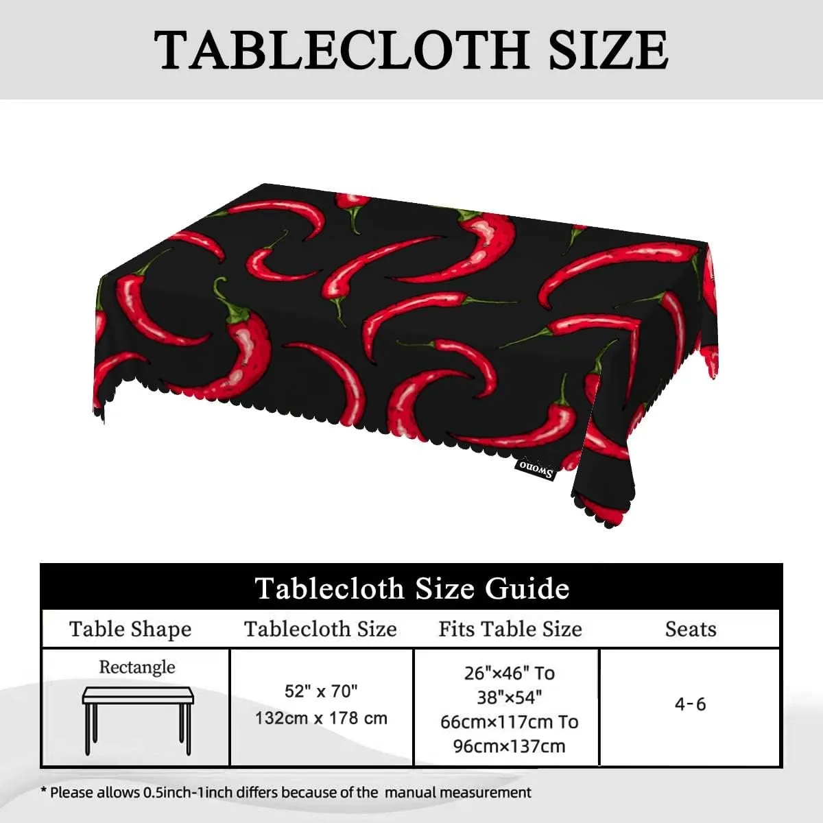 Swono Chili Pepper 52"X70" Oblong Table Cloth Red Hot Chili Pepper On Black Wrinkle Free Table Cover Farmhouse Tablecloth for Home Restaurant Picnic Indoor Outdoor Dining, 4-6 Seats