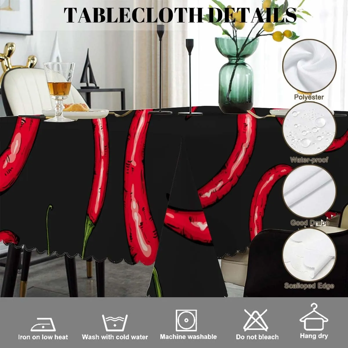 Swono Chili Pepper 52"X70" Oblong Table Cloth Red Hot Chili Pepper On Black Wrinkle Free Table Cover Farmhouse Tablecloth for Home Restaurant Picnic Indoor Outdoor Dining, 4-6 Seats