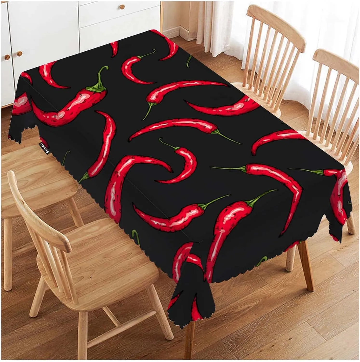 Swono Chili Pepper 52"X70" Oblong Table Cloth Red Hot Chili Pepper On Black Wrinkle Free Table Cover Farmhouse Tablecloth for Home Restaurant Picnic Indoor Outdoor Dining, 4-6 Seats