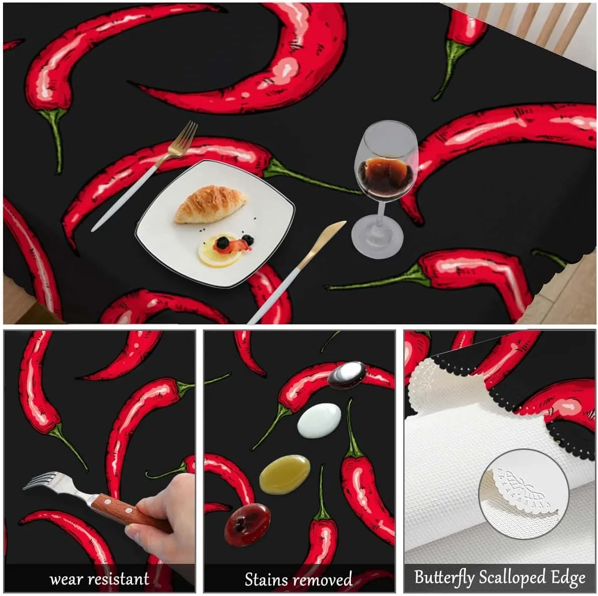 Swono Chili Pepper 52"X70" Oblong Table Cloth Red Hot Chili Pepper On Black Wrinkle Free Table Cover Farmhouse Tablecloth for Home Restaurant Picnic Indoor Outdoor Dining, 4-6 Seats