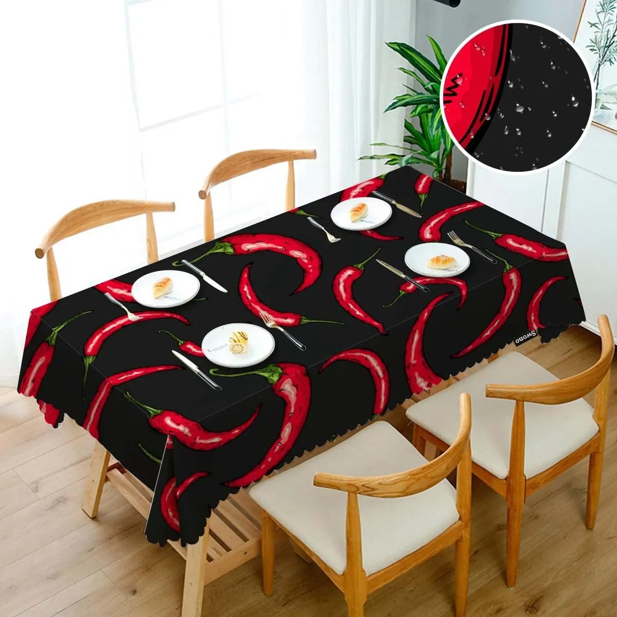 Swono Chili Pepper 52"X70" Oblong Table Cloth Red Hot Chili Pepper On Black Wrinkle Free Table Cover Farmhouse Tablecloth for Home Restaurant Picnic Indoor Outdoor Dining, 4-6 Seats