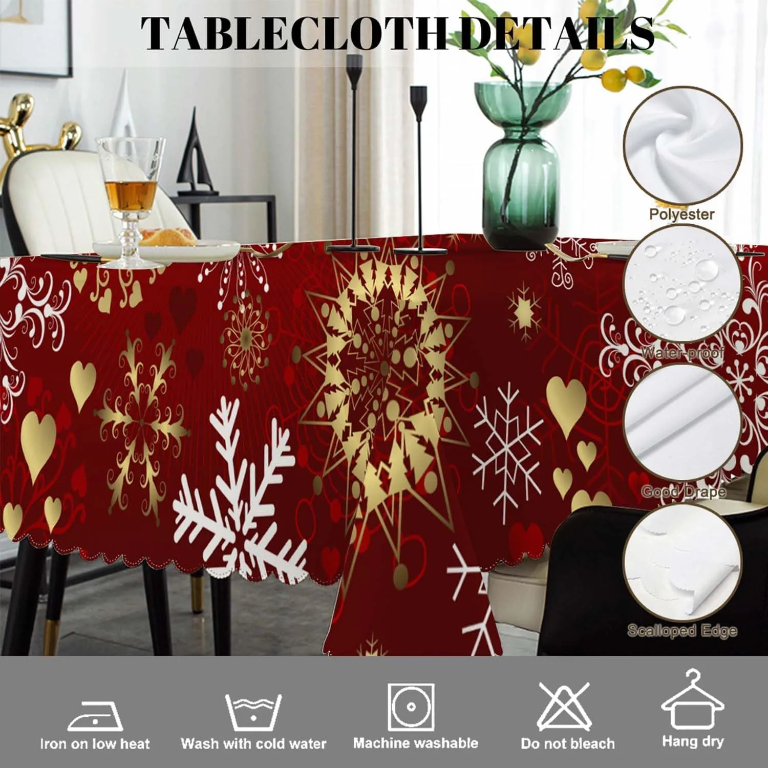 Swono Decorative Rectangle Table Cloth Christmas, Christmas Snowflakes Floral Winter Polyester Tablecloth Kitchen Table Cover for Dining BBQ Picnic Coffee Table 50x72, 4-6 Seats, Gold Red
