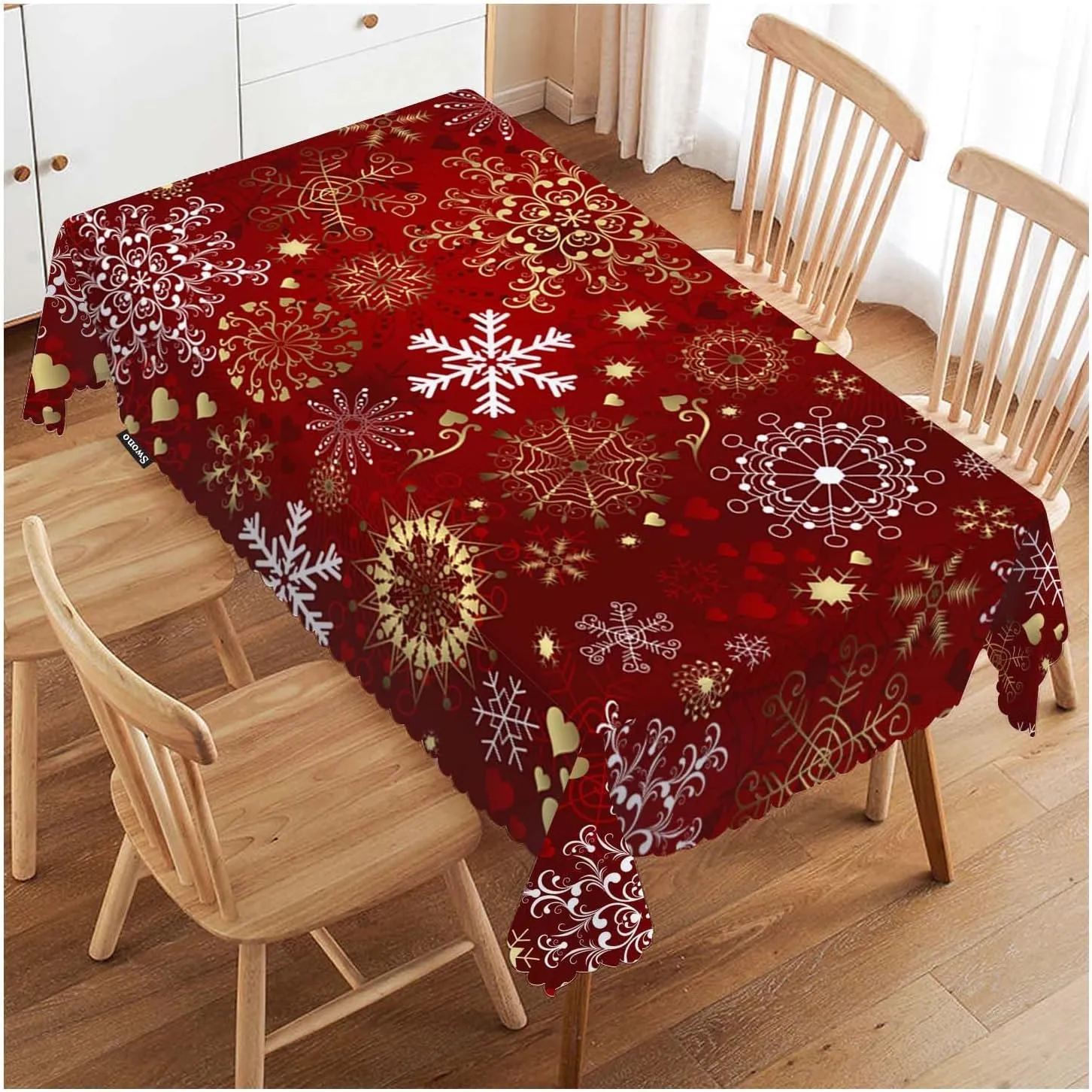 Swono Decorative Rectangle Table Cloth Christmas, Christmas Snowflakes Floral Winter Polyester Tablecloth Kitchen Table Cover for Dining BBQ Picnic Coffee Table 50x72, 4-6 Seats, Gold Red