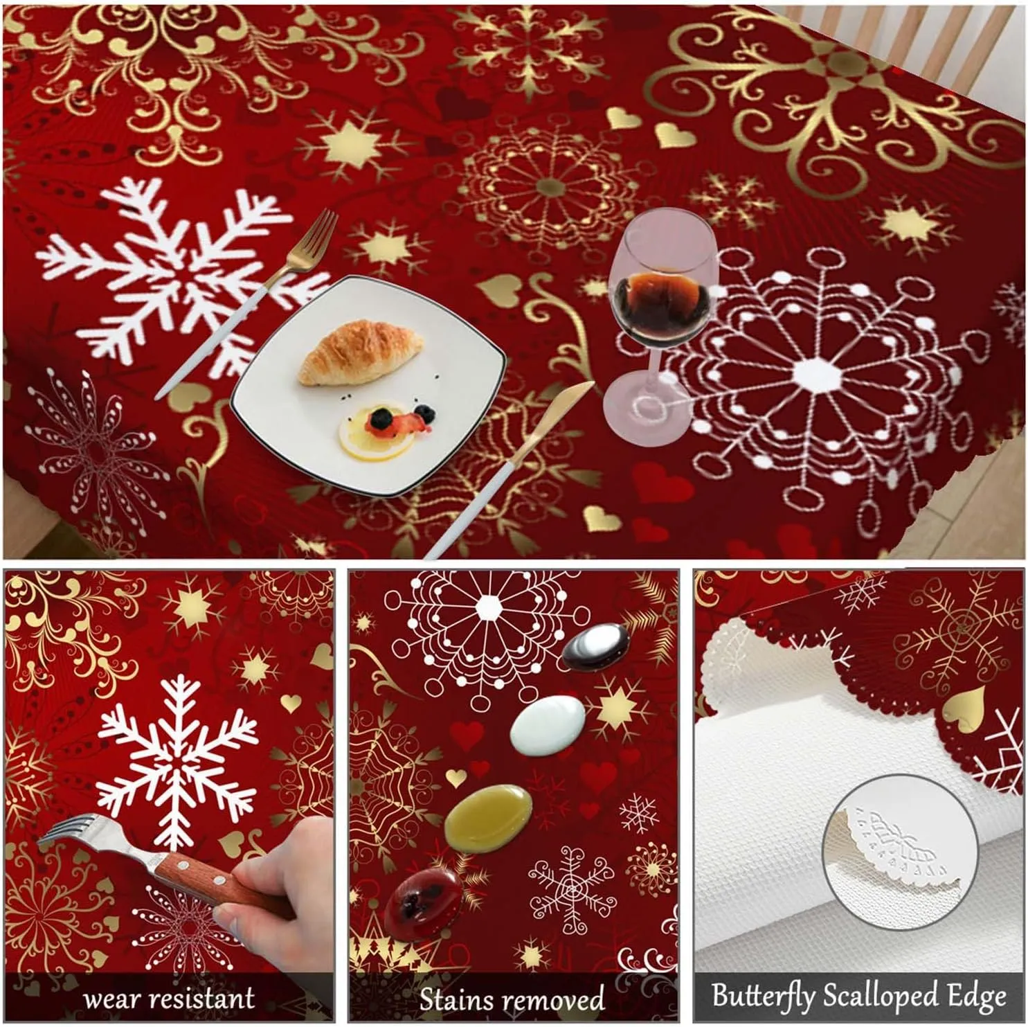 Swono Decorative Rectangle Table Cloth Christmas, Christmas Snowflakes Floral Winter Polyester Tablecloth Kitchen Table Cover for Dining BBQ Picnic Coffee Table 50x72, 4-6 Seats, Gold Red