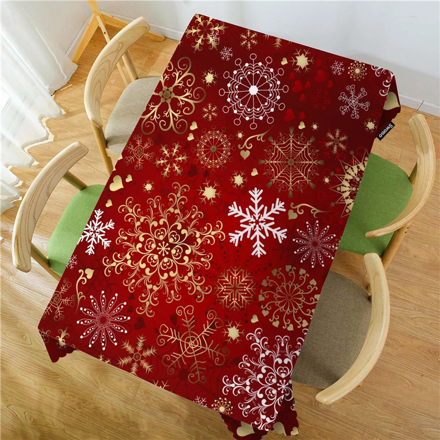 Swono Decorative Rectangle Table Cloth Christmas, Christmas Snowflakes Floral Winter Polyester Tablecloth Kitchen Table Cover for Dining BBQ Picnic Coffee Table 50x72, 4-6 Seats, Gold Red