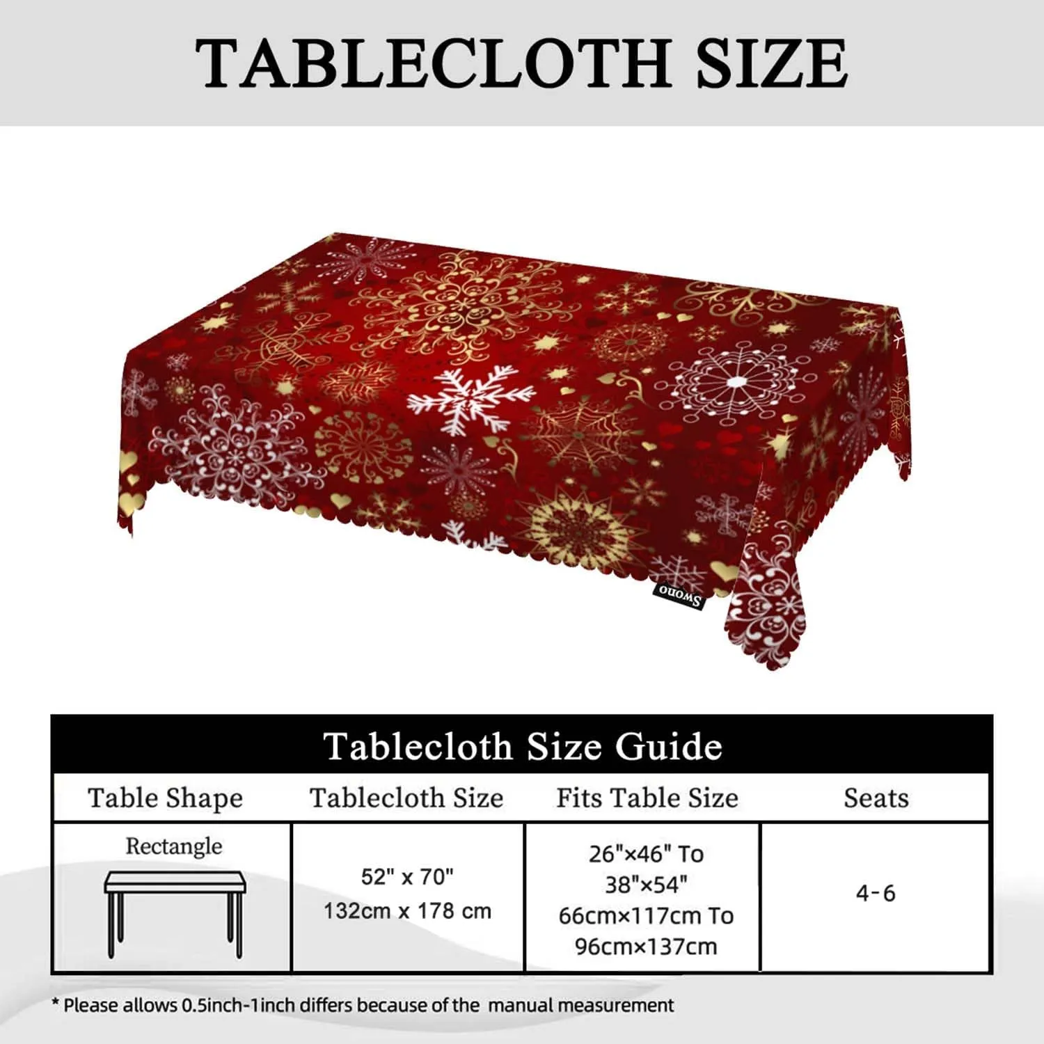 Swono Decorative Rectangle Table Cloth Christmas, Christmas Snowflakes Floral Winter Polyester Tablecloth Kitchen Table Cover for Dining BBQ Picnic Coffee Table 50x72, 4-6 Seats, Gold Red