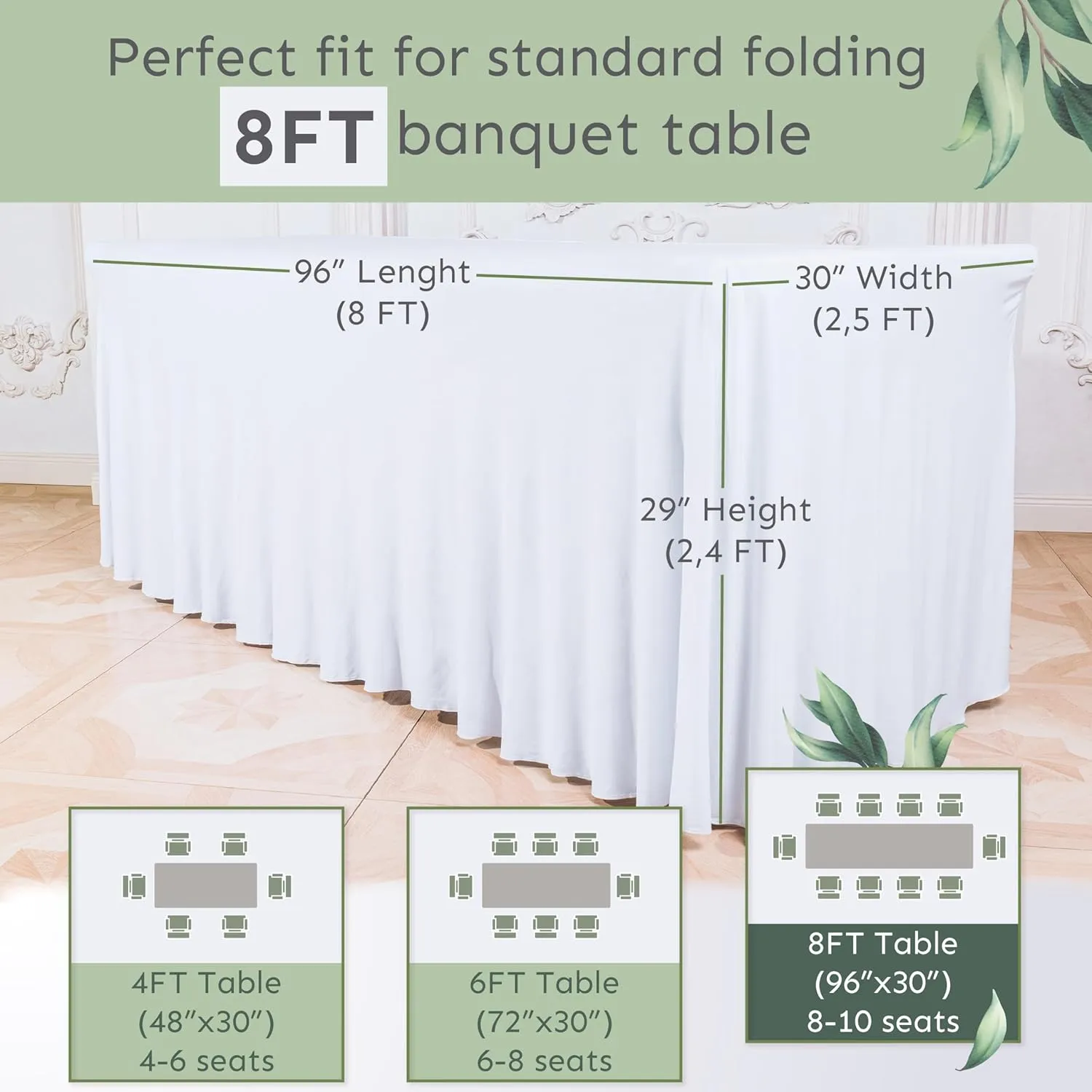 Table Skirt for Rectangular Tables 8ft - Wedding Spandex Table Covers for Standard 8 Foot Table - One Piece Fitted Stretchy Tablecloth - Wrinkle Resistant Ruffles Great for Party,Banquet (8 ft, White)