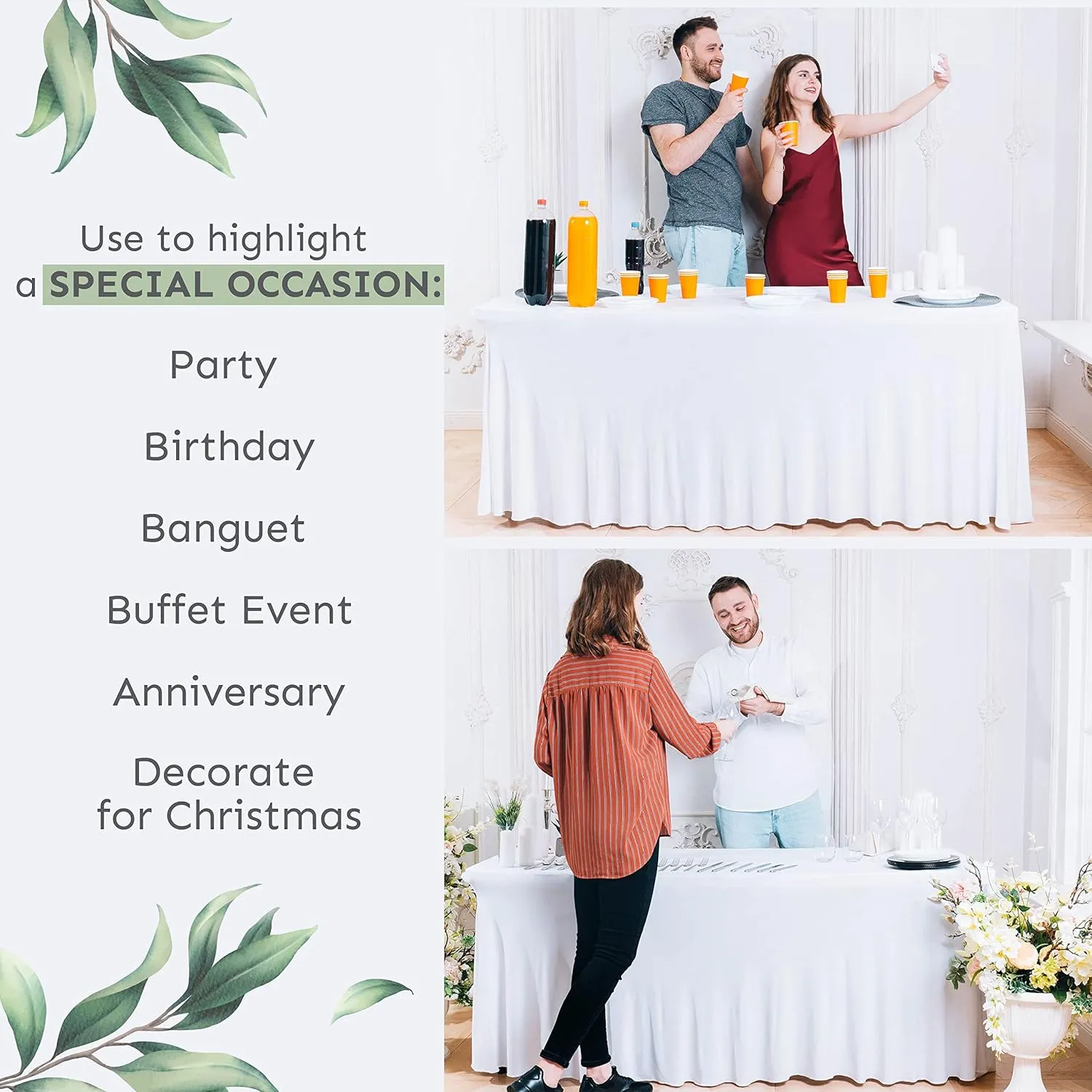 Table Skirt for Rectangular Tables 8ft - Wedding Spandex Table Covers for Standard 8 Foot Table - One Piece Fitted Stretchy Tablecloth - Wrinkle Resistant Ruffles Great for Party,Banquet (8 ft, White)