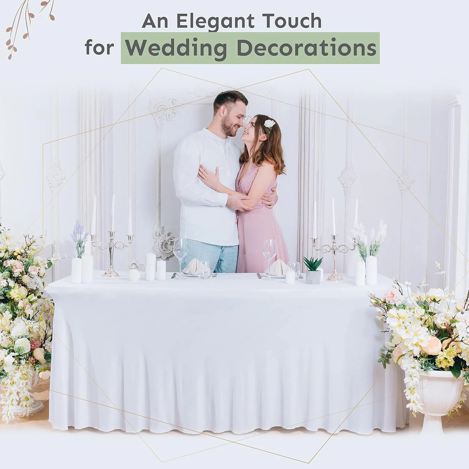 Table Skirt for Rectangular Tables 8ft - Wedding Spandex Table Covers for Standard 8 Foot Table - One Piece Fitted Stretchy Tablecloth - Wrinkle Resistant Ruffles Great for Party,Banquet (8 ft, White)