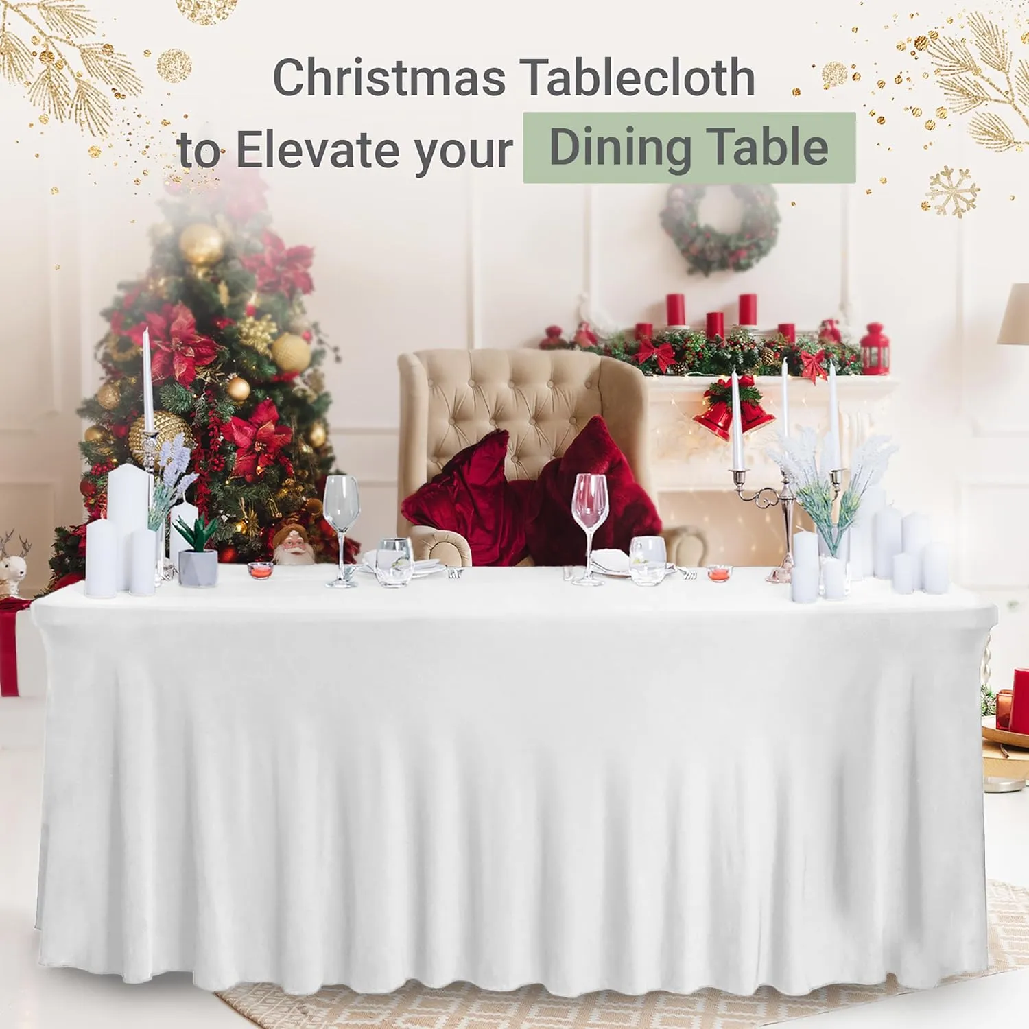 Table Skirt for Rectangular Tables 8ft - Wedding Spandex Table Covers for Standard 8 Foot Table - One Piece Fitted Stretchy Tablecloth - Wrinkle Resistant Ruffles Great for Party,Banquet (8 ft, White)