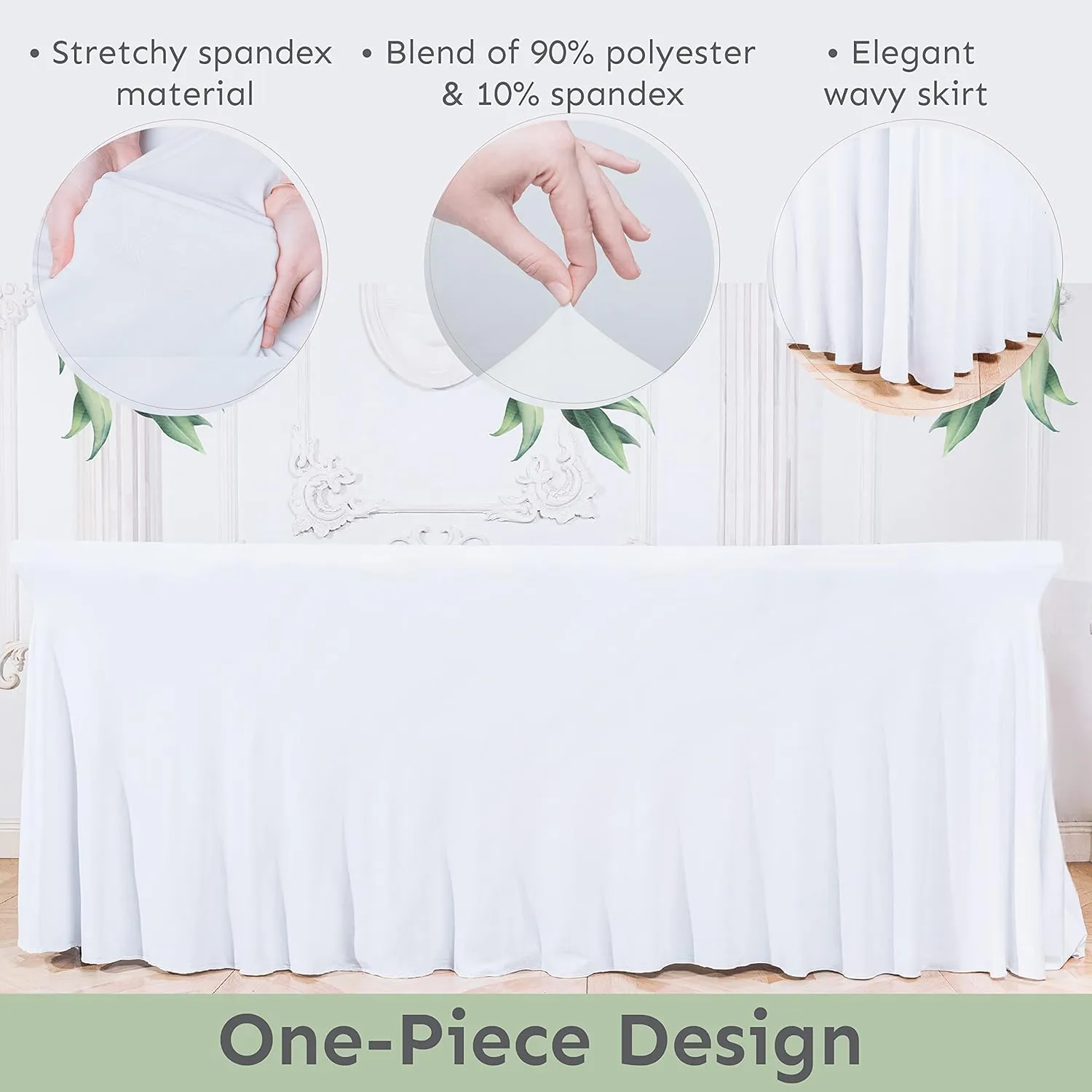 Table Skirt for Rectangular Tables 8ft - Wedding Spandex Table Covers for Standard 8 Foot Table - One Piece Fitted Stretchy Tablecloth - Wrinkle Resistant Ruffles Great for Party,Banquet (8 ft, White)