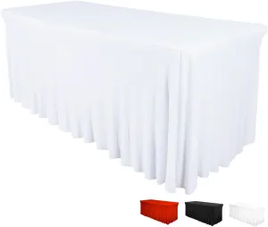 Table Skirt for Rectangular Tables 8ft - Wedding Spandex Table Covers for Standard 8 Foot Table - One Piece Fitted Stretchy Tablecloth - Wrinkle Resistant Ruffles Great for Party,Banquet (8 ft, White)